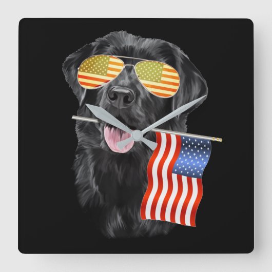 犬好き |ブラックラブラドールアメリカ国旗 スクエア壁時計 (正面)
