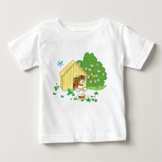 犬小屋の子犬とボウルの骨 ベビーTシャツ (正面)
