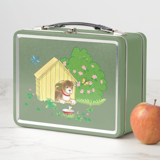 犬小屋の子犬とボウルの骨 メタルランチボックス (インサイチュ)