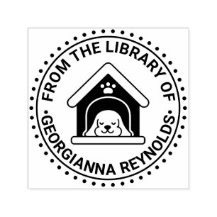 犬小屋の本棚で眠る犬の図書館ブックプレート セルフインキングスタンプ