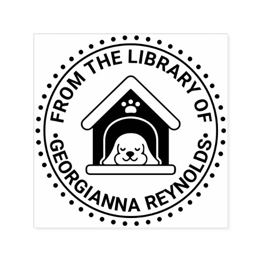 犬小屋の本棚で眠る犬の図書館ブックプレート セルフインキングスタンプ (デザイン)