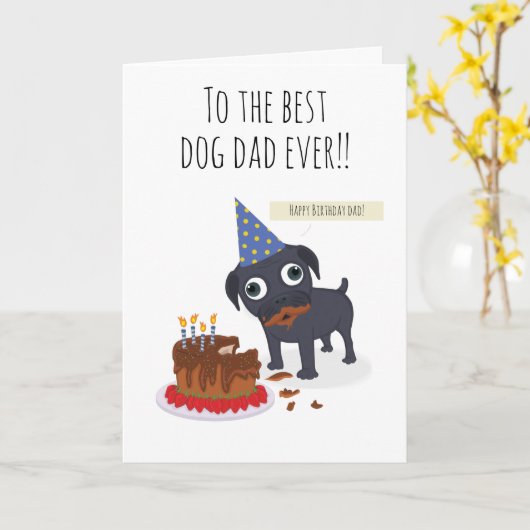 犬最高ののパパは常に、ケーキおもしろい、黒いpugユーモア カード (黄色い花)
