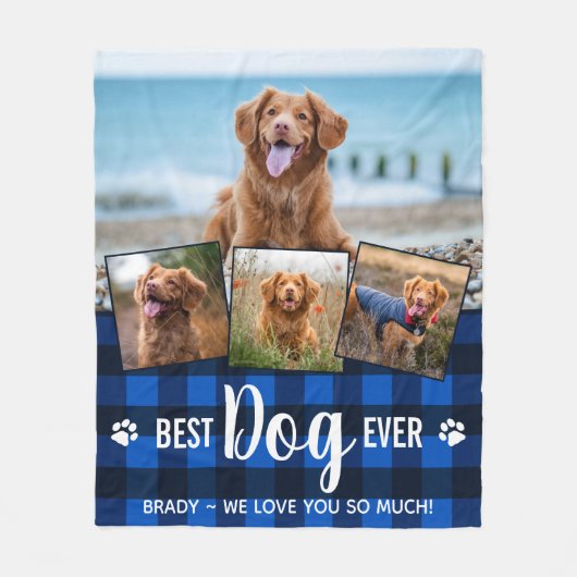 犬最高のは常に青いバッファローのプレイド写真コラージュ フリースブランケット (正面)
