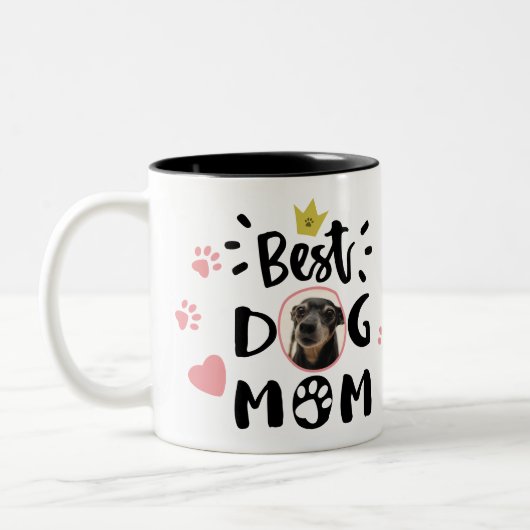 犬最高の母タイポグラフィかわいい手のハートペットの写真 ツートーンマグカップ (左)