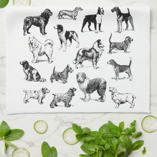 犬派のヴィンテージブラック&ホワイト種々種 キッチンタオル (折り畳み)