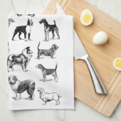 犬派のヴィンテージブラック&ホワイト種々種 キッチンタオル (四つ折り)