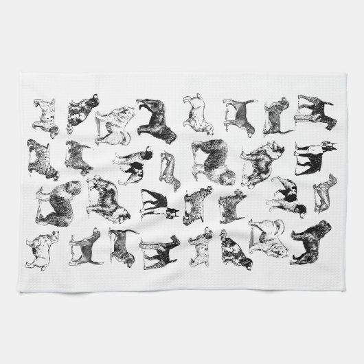 犬派のヴィンテージブラック&ホワイト種々種 キッチンタオル (横)