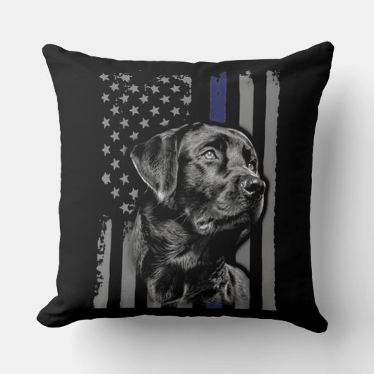 犬派|黒いラブラドールのアメリカ国旗(細線) クッション (正面)