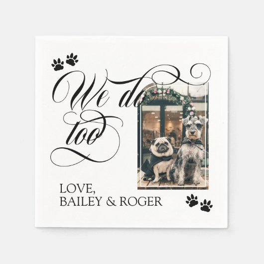 犬渦巻形のの写真と肉球の結婚使用 スタンダードカクテルナプキン (正面)