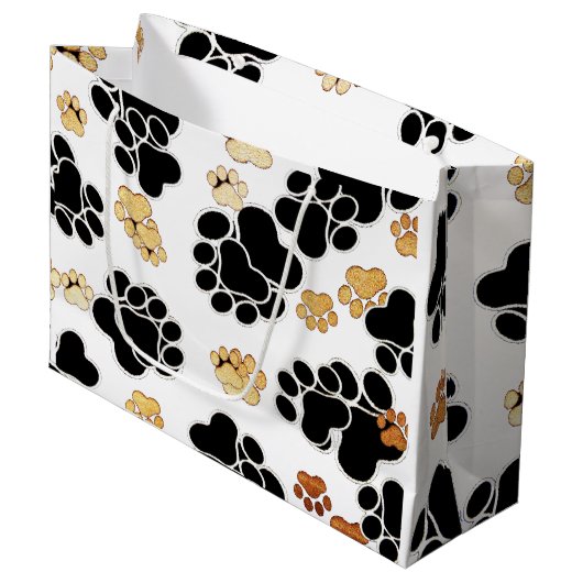 犬犬の足のプリントの白を黒くし、日焼けさせて下さい ラージペーパーバッグ (正面アングル)