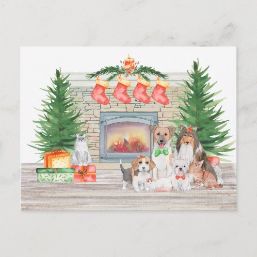 犬猫たちが可愛いクリスマス暖炉で子猫を産む シーズンポストカード (正面)
