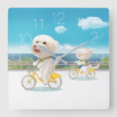 犬猫乗り自転車 スクエア壁時計 (正面)