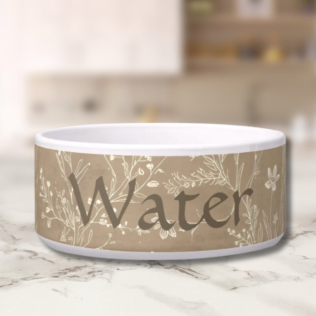 犬用ウォーターボウル - ブラウン ボタニカル.  パーソナライズド ボウル (Personalized Brown Botanical Pet Water Bowl)