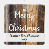 犬用フォトブラウン素朴ウッド付き初めてのクリスマス セラミックオーナメント (裏面)