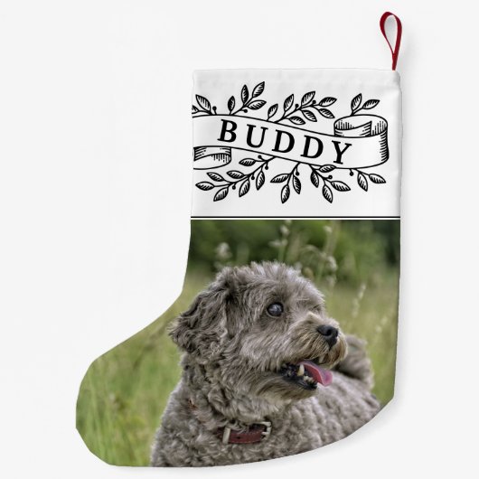 犬素朴の写真と名前のフェスティバル スモールクリスマスストッキング (裏面)