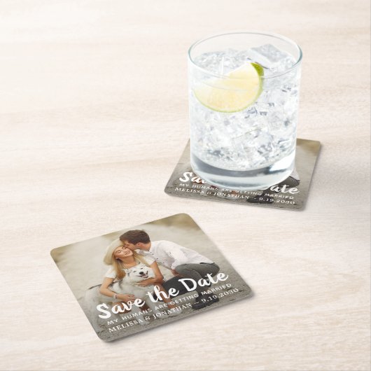 犬結婚のカスタムペットのカップル写真を保存 スクエアペーパーコースター (インサイチュ)