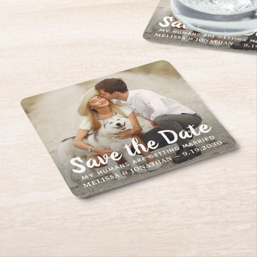 犬結婚のカスタムペットのカップル写真を保存 スクエアペーパーコースター (アングル)
