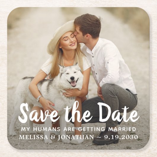 犬結婚のカスタムペットのカップル写真を保存 スクエアペーパーコースター (正面)