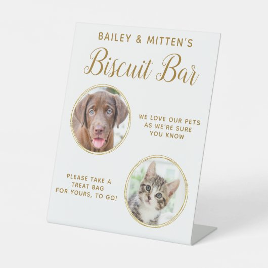 犬結婚式の引き出物シック金ゴールドペットフォトビスケットバー 台座サイン (正面)