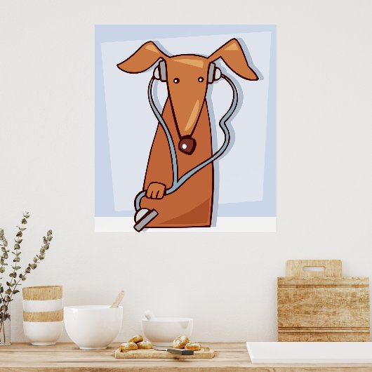 犬聞と音楽のヘッドフォンおもしろいアップ ポスター (キッチン)