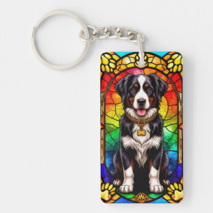 犬芸術的ステンドグラスポートレート キーホルダー