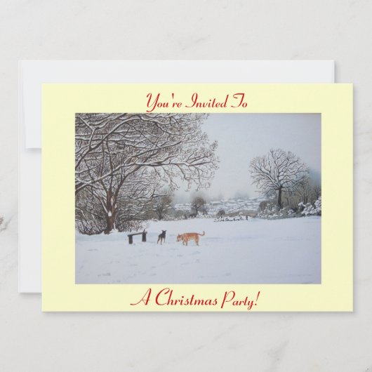 犬遊の冬の雪のシーンのクリスマスパーティー 招待状 (正面)