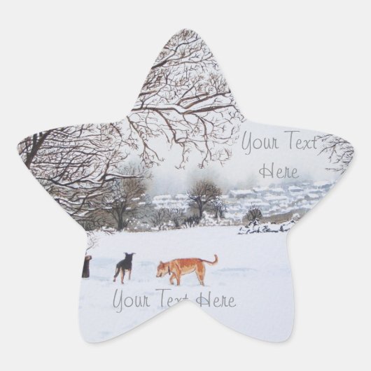 犬遊の冬の雪景色絵画風景 星シール (正面)