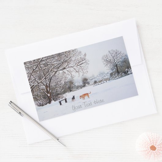 犬遊の冬の雪景色絵画風景 長方形シール (封筒)