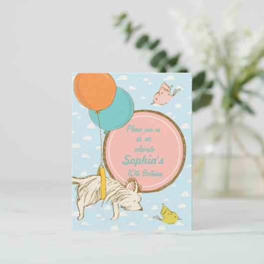 犬飛んでいると鳥 – 子供誕生日招待状 インビテーションポストカード (スタンド正面)