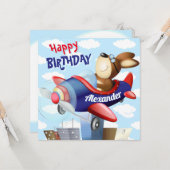 犬飛んでいる飛行機誕生日 カード (正面/裏面インサイチュ)