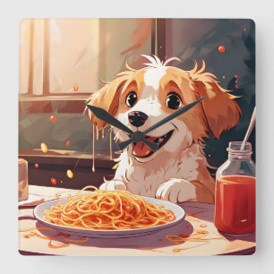 犬食べ物のスパゲティ スクエア壁時計