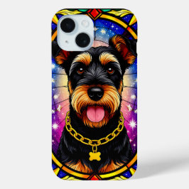 犬鮮やかのステンドグラスポートレート iPhone 15ケース