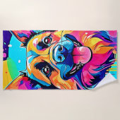 犬鮮やか犬：幸せな子犬の愛 ビーチタオル (正面)