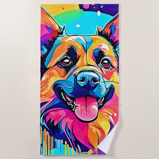 犬鮮やか犬：幸せな子犬の愛 ビーチタオル (正面)