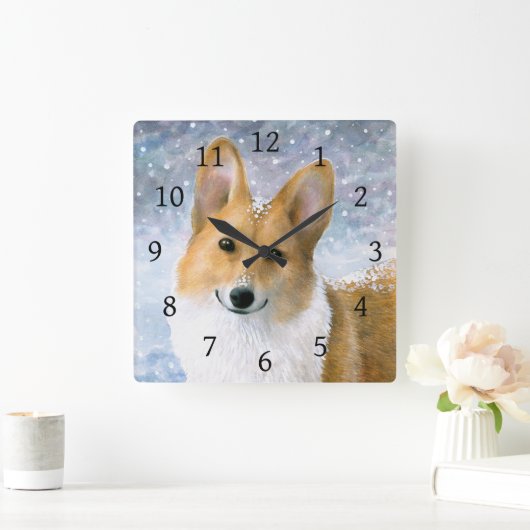 犬126のコーギーの雪の冬の青 スクエア壁時計 (ホーム)