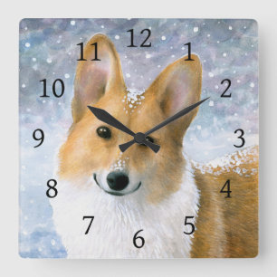 犬126のコーギーの雪の冬の青 スクエア壁時計