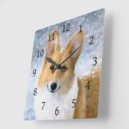 犬126のコーギーの雪の冬の青 スクエア壁時計 (傾斜)