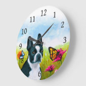 犬134ボストンテリア蝶の花 ラージ壁時計 (傾斜)