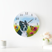 犬134ボストンテリア蝶の花 ラージ壁時計 (ホーム)