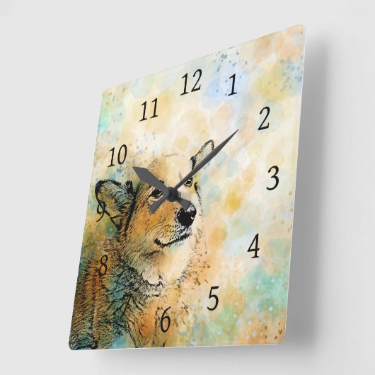 犬143のコーギー スクエア壁時計 (傾斜)