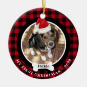犬1stクリスマスフォトバッファロープレイドサンタハット セラミックオーナメント (正面)
