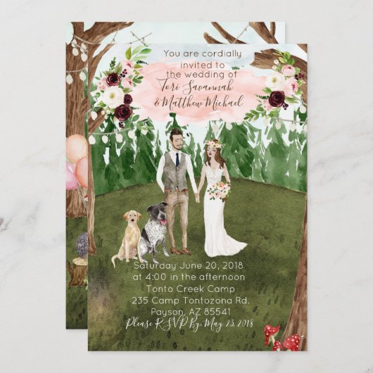 犬2匹の犬と森の結婚式招待状 招待状 (正面/裏面)