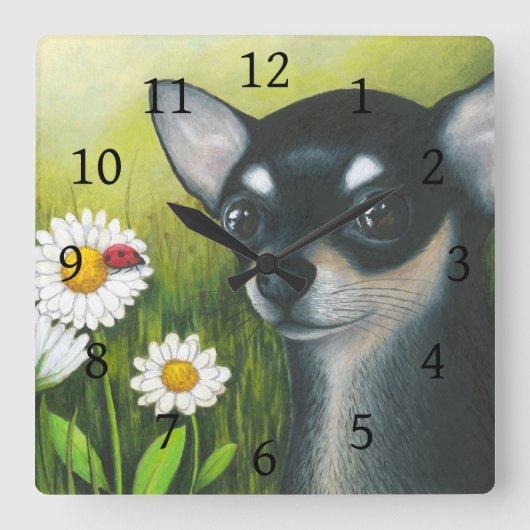 犬79の黒いチワワのてんとう虫 スクエア壁時計 (正面)