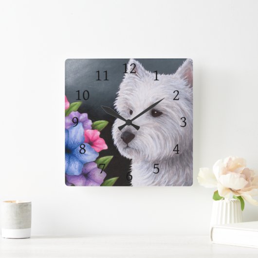 犬82の白Westie スクエア壁時計 (ホーム)