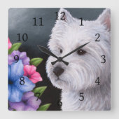 犬82の白Westie スクエア壁時計 (正面)