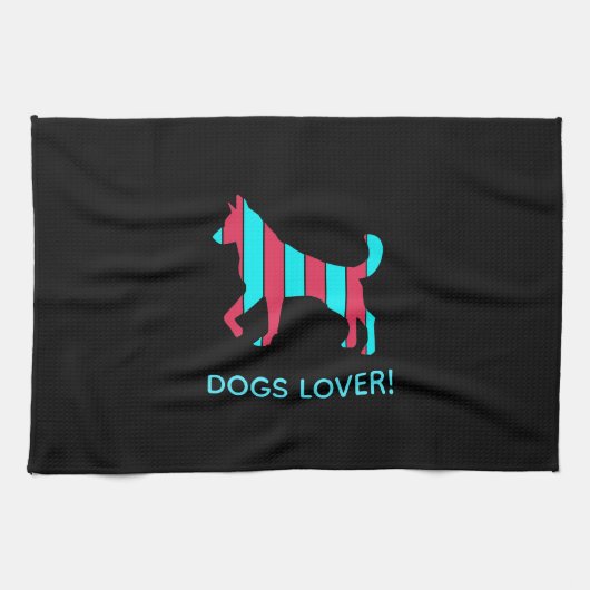 犬 – かわいいポップ・アートのペットアート青と赤の抽象芸術 キッチンタオル (横)