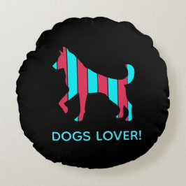犬 – かわいいポップ・アートのペットアート青と赤の抽象芸術 ラウンドクッション