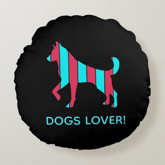 犬 – かわいいポップ・アートのペットアート青と赤の抽象芸術 ラウンドクッション (正面)
