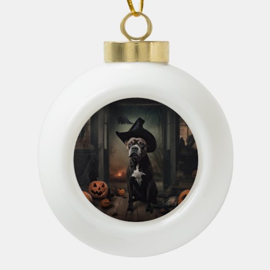 （犬）スタッフォードテリアパンプキンズハロウィンホラー セラミックボールオーナメント (正面)