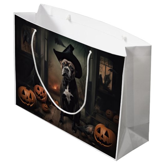 (犬)スタッフォードテリアパンプキンズハロウィンホラー ラージペーパーバッグ (裏面アングル)
